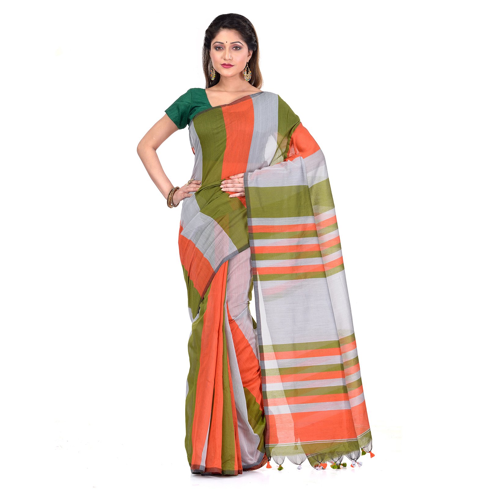 Women`s Bengal Khadi Ghicha Handloom Cotton Silk Saree With Blouse Piece (Orange Silver Green)